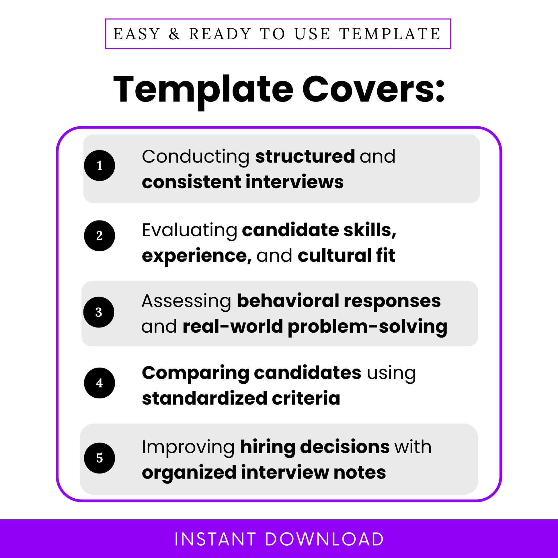 Interview template features infographic showing structured interviews, candidate evaluation, behavioral assessment and hiring decision tools, HR recruitment checklist visual