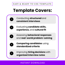 Interview template features infographic showing structured interviews, candidate evaluation, behavioral assessment and hiring decision tools, HR recruitment checklist visual