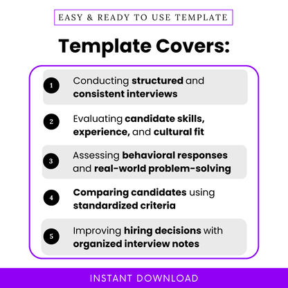 Interview template features infographic showing structured interviews, candidate evaluation, behavioral assessment and hiring decision tools, HR recruitment checklist visual