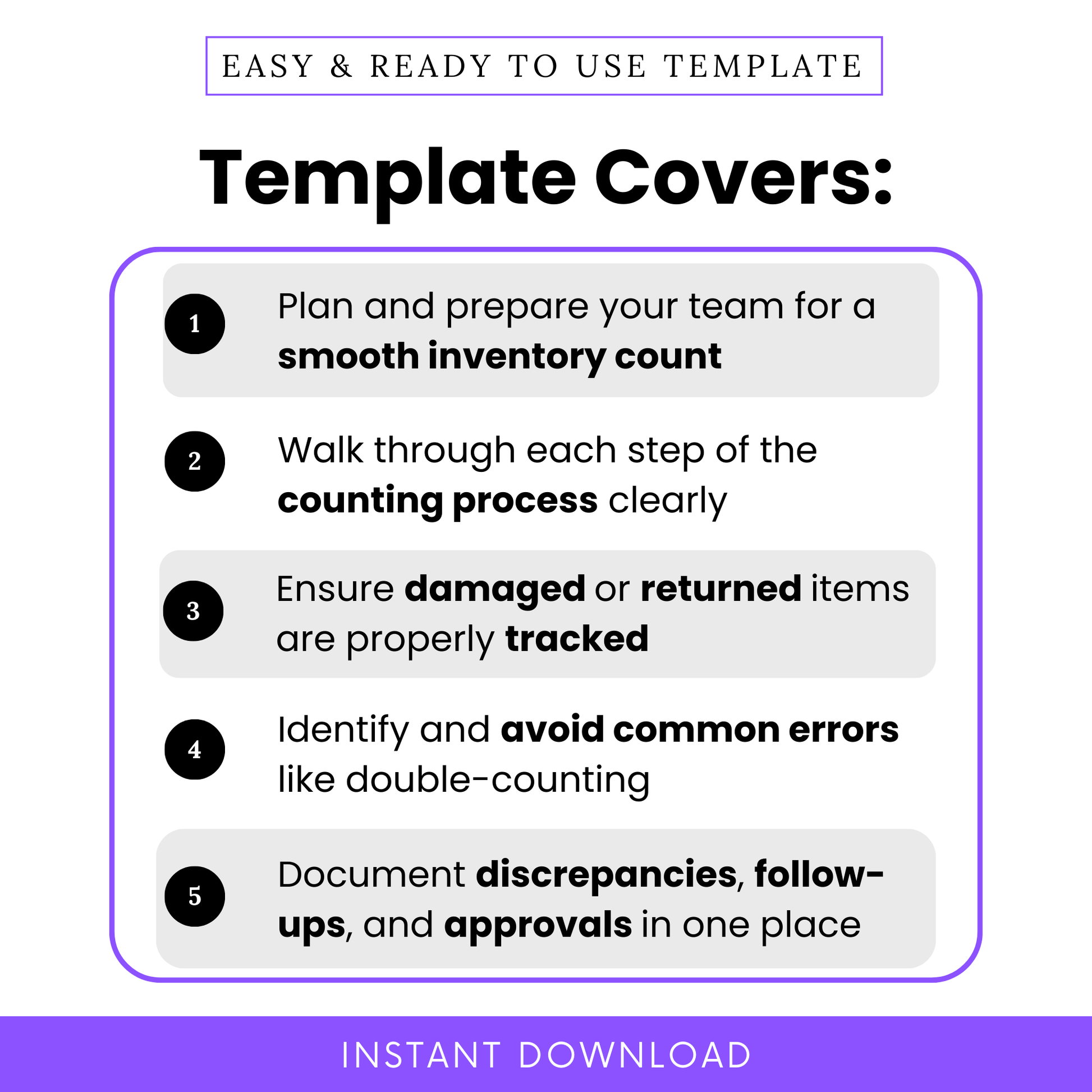 Template Covers section showing five key features of the inventory checklist, including inventory prep, counting steps, tracking returned items, avoiding errors, and documenting discrepancies.