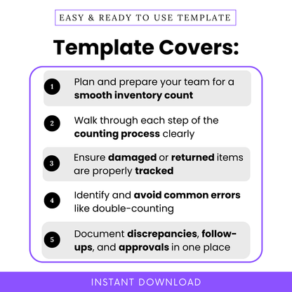 Template Covers section showing five key features of the inventory checklist, including inventory prep, counting steps, tracking returned items, avoiding errors, and documenting discrepancies.