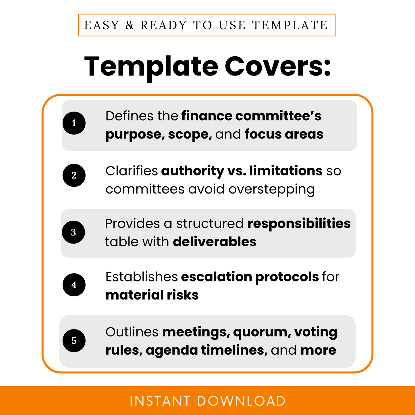 Finance committee charter template features infographic showing purpose scope focus areas authority limitations responsibilities deliverables escalation protocols meeting rules and governance structure