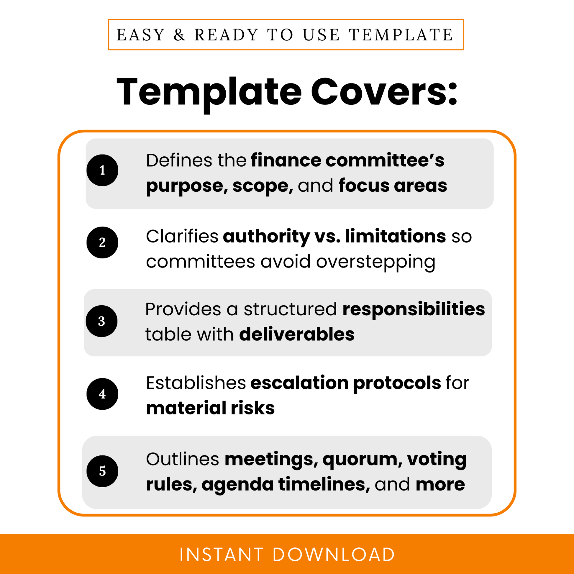 Finance committee charter template features infographic showing purpose scope focus areas authority limitations responsibilities deliverables escalation protocols meeting rules and governance structure
