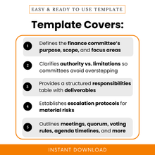 Finance committee charter template features infographic showing purpose scope focus areas authority limitations responsibilities deliverables escalation protocols meeting rules and governance structure