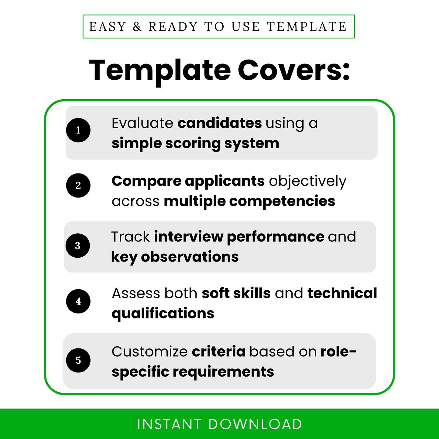 Hiring scorecard template features showing candidate evaluation system, interview scoring sheet, compare applicants tool, HR recruitment template for structured hiring process