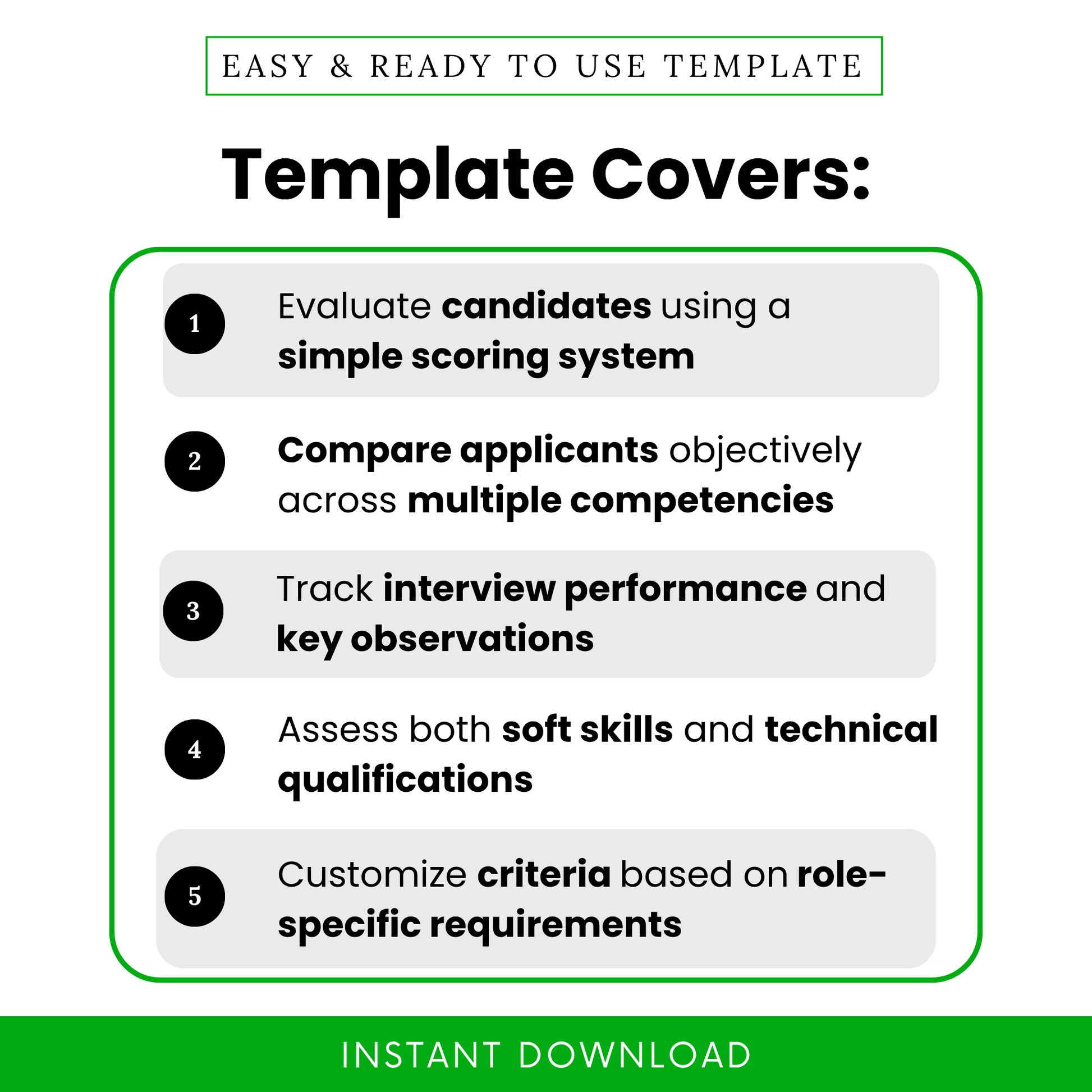 Hiring scorecard template features showing candidate evaluation system, interview scoring sheet, compare applicants tool, HR recruitment template for structured hiring process