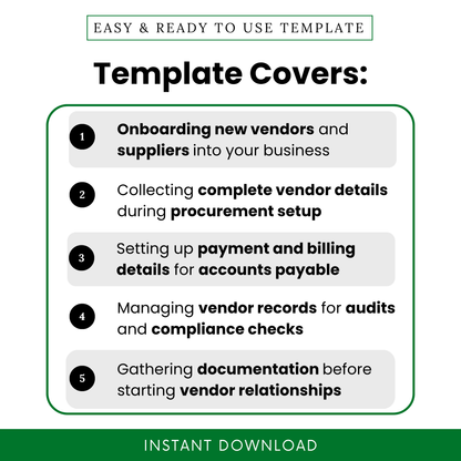 Simple Vendor Information Template showcasing key use cases like onboarding new vendors, collecting supplier details, and managing compliance documentation. This Vendor Intake Form Template is perfect for businesses needing an organized, editable solution for procurement setup and vendor management.