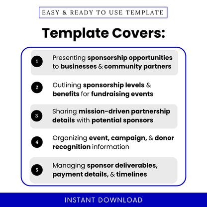 Simple Nonprofit Sponsorship Packet Template highlighting sponsorship opportunities, levels, and benefits for fundraising events and community partnerships. This editable Sponsorship Packet Template PDF helps nonprofits present mission-driven partnerships and organize donor recognition and sponsor details effectively.