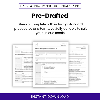 Cash Management SOP template promotional graphic. Showcases a pre-written, industry-standard document with structured procedures and terms. The image includes a document preview highlighting key sections such as roles and responsibilities, terms and definitions, and procedure steps. The design emphasizes full editability to suit business needs. A purple 'Instant Download' banner at the bottom indicates immediate access upon purchase.