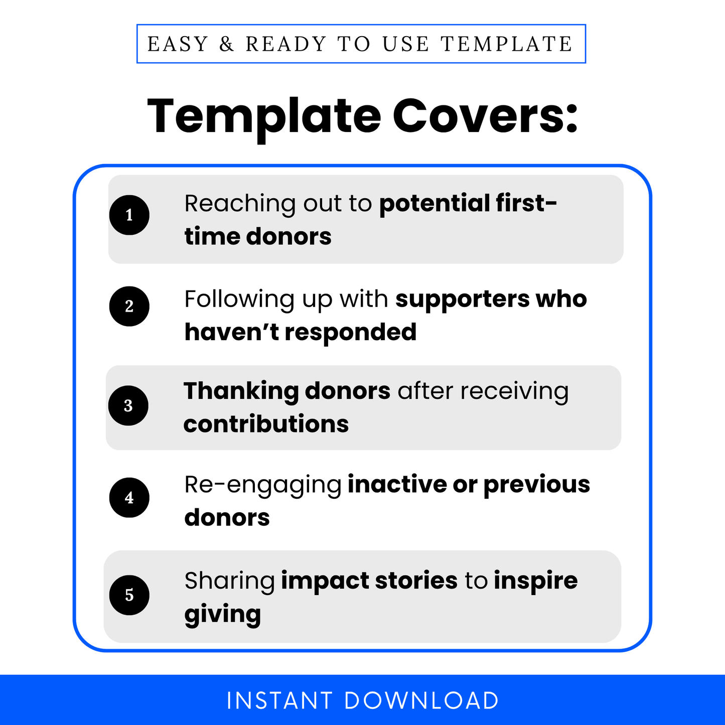 Simple Donor Outreach Template showcasing real-life use cases like reaching first-time donors, following up, and re-engaging supporters. This editable nonprofit email template helps organizations streamline outreach and improve donor engagement with structured communication scenarios.