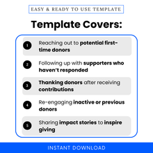 Simple Donor Outreach Template showcasing real-life use cases like reaching first-time donors, following up, and re-engaging supporters. This editable nonprofit email template helps organizations streamline outreach and improve donor engagement with structured communication scenarios.