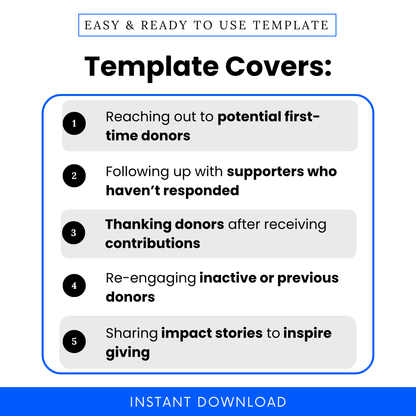 Simple Donor Outreach Template showcasing real-life use cases like reaching first-time donors, following up, and re-engaging supporters. This editable nonprofit email template helps organizations streamline outreach and improve donor engagement with structured communication scenarios.