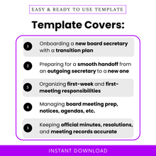Nonprofit board secretary onboarding checklist template covers onboarding a new board secretary, secretary handoff planning, first-week responsibilities, board meeting preparation, and accurate meeting minutes and records for nonprofit organizations