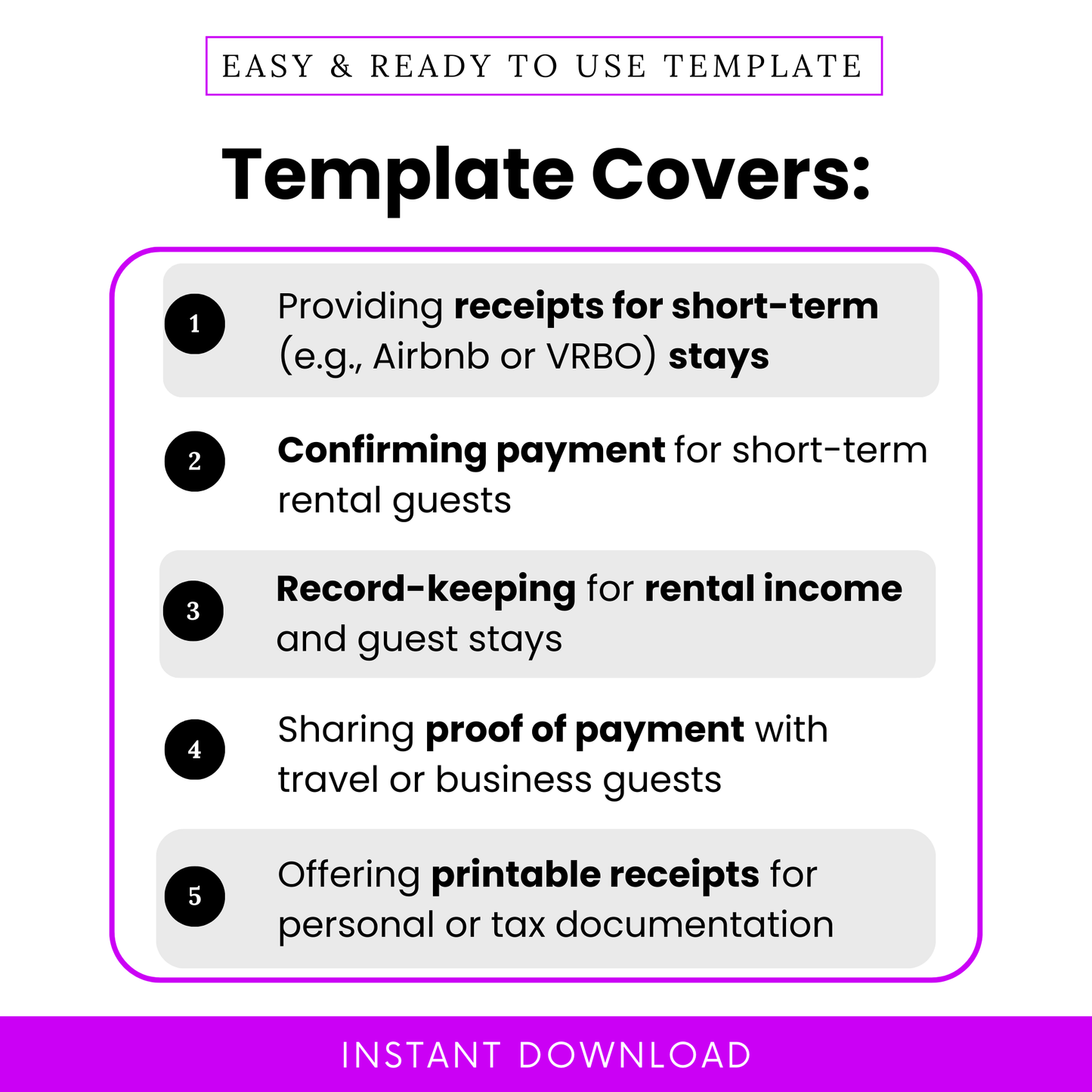 Overview of how the short-term rental receipt template helps hosts provide payment confirmation, track rental income, and issue professional receipts for guest stays