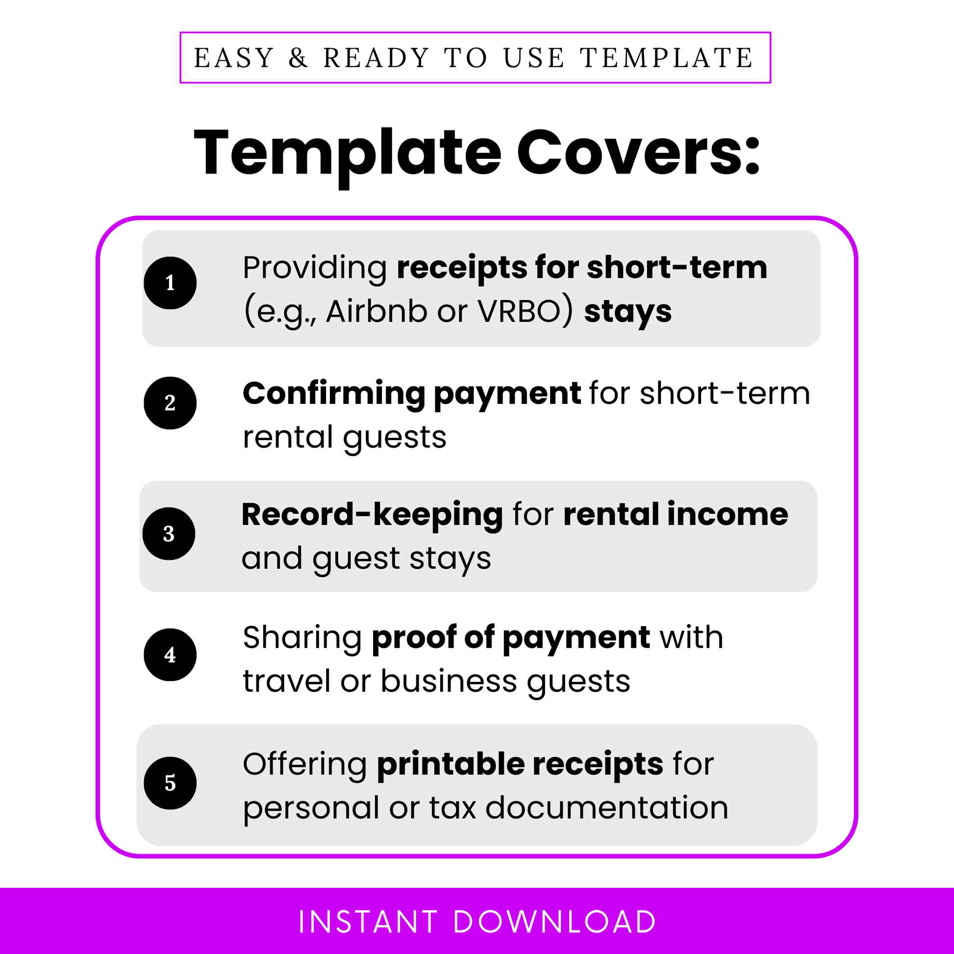 Overview of how the short-term rental receipt template helps hosts provide payment confirmation, track rental income, and issue professional receipts for guest stays