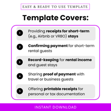 Overview of how the short-term rental receipt template helps hosts provide payment confirmation, track rental income, and issue professional receipts for guest stays