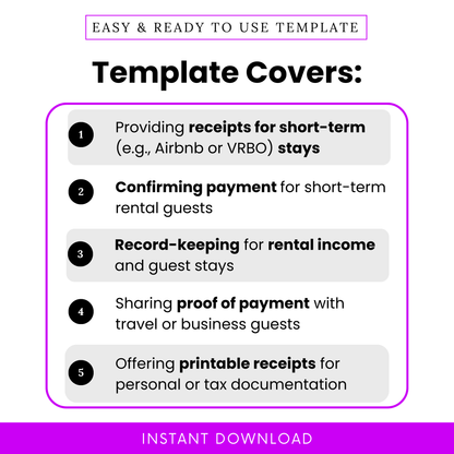 Overview of how the short-term rental receipt template helps hosts provide payment confirmation, track rental income, and issue professional receipts for guest stays