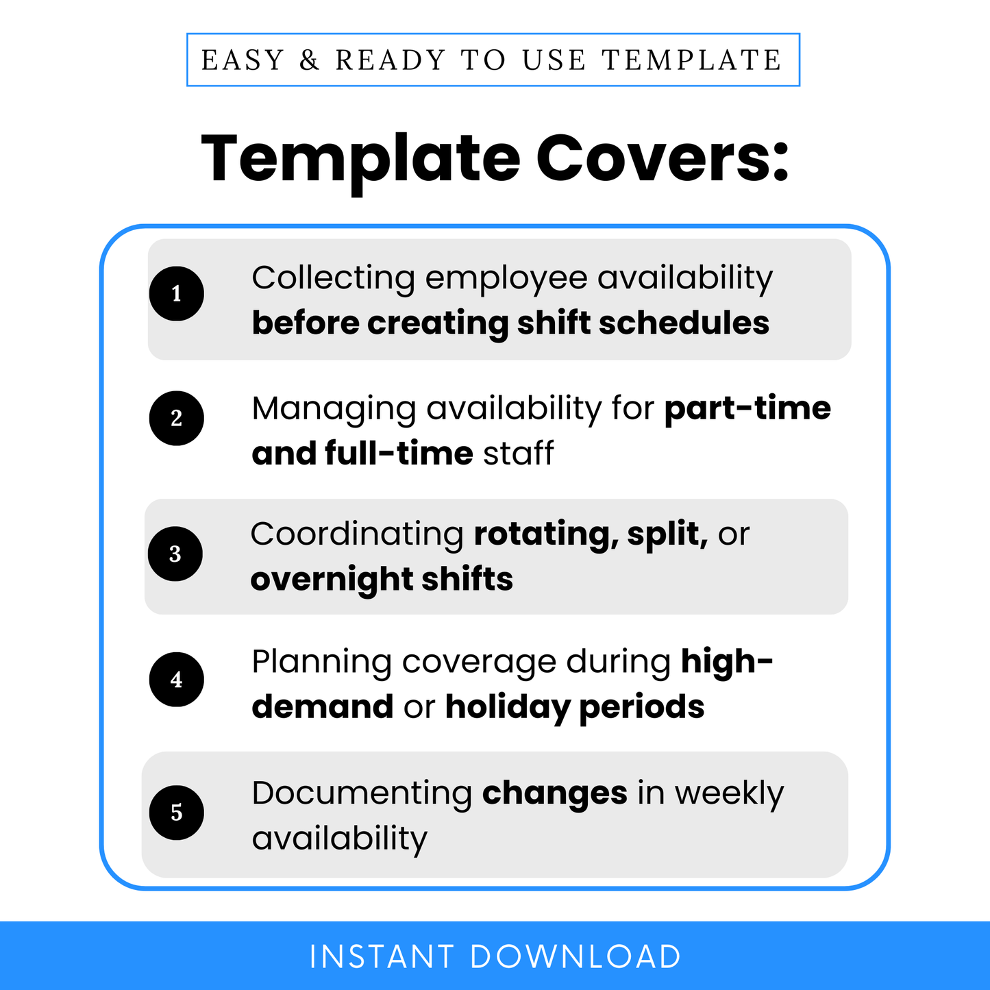 Work availability template use cases including employee scheduling, shift planning, part-time and full-time staff management, rotating shifts, and availability tracking document