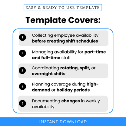 Work availability template use cases including employee scheduling, shift planning, part-time and full-time staff management, rotating shifts, and availability tracking document