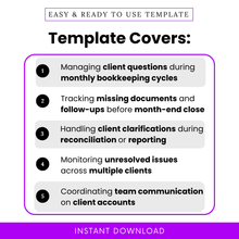 Bookkeeping template use cases showing tracking client questions, missing documents, reconciliation clarifications, and managing multiple client accounts workflow