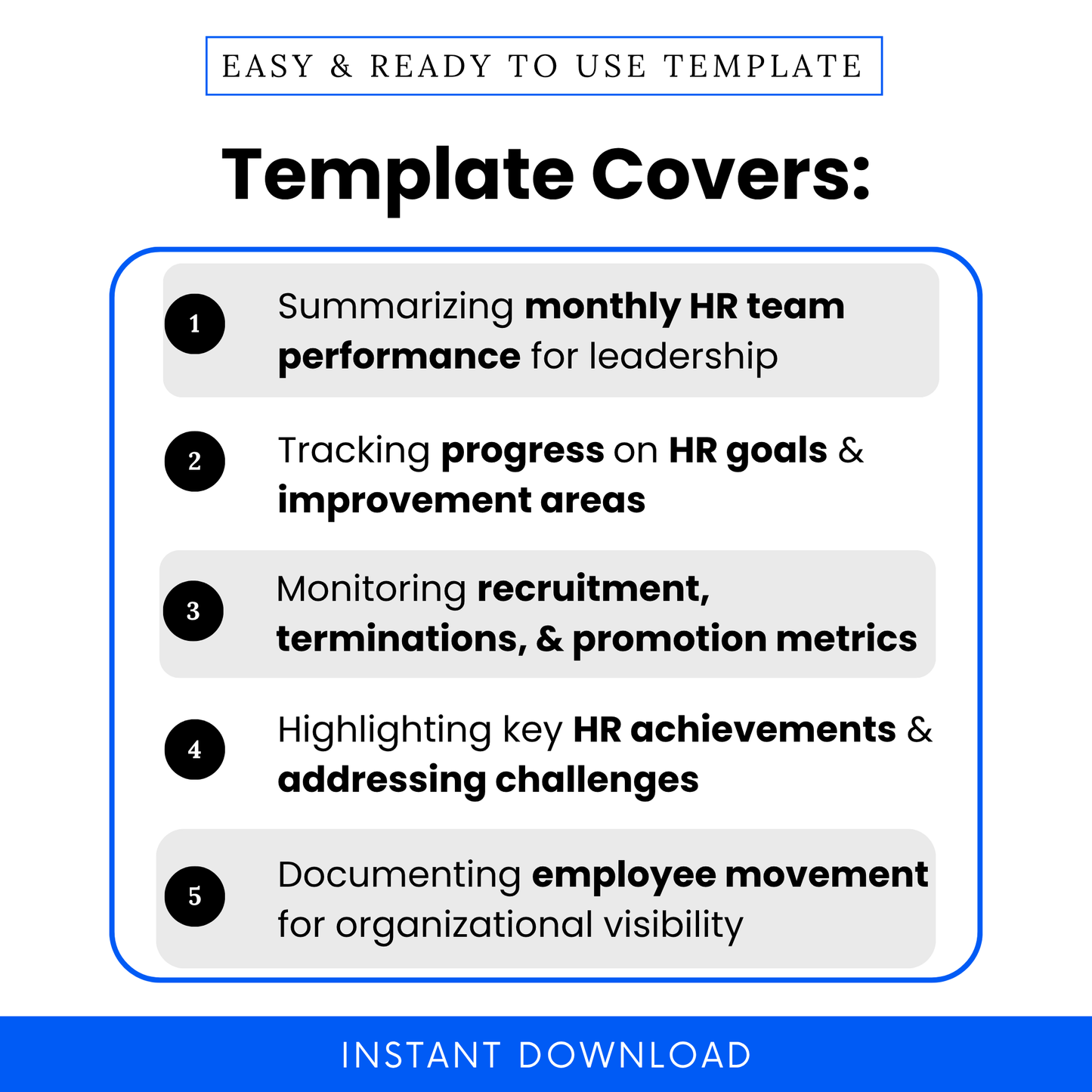 HR reporting template features overview showing monthly performance summary, HR goal tracking, recruitment metrics, employee movement tracking, and leadership reporting benefits
