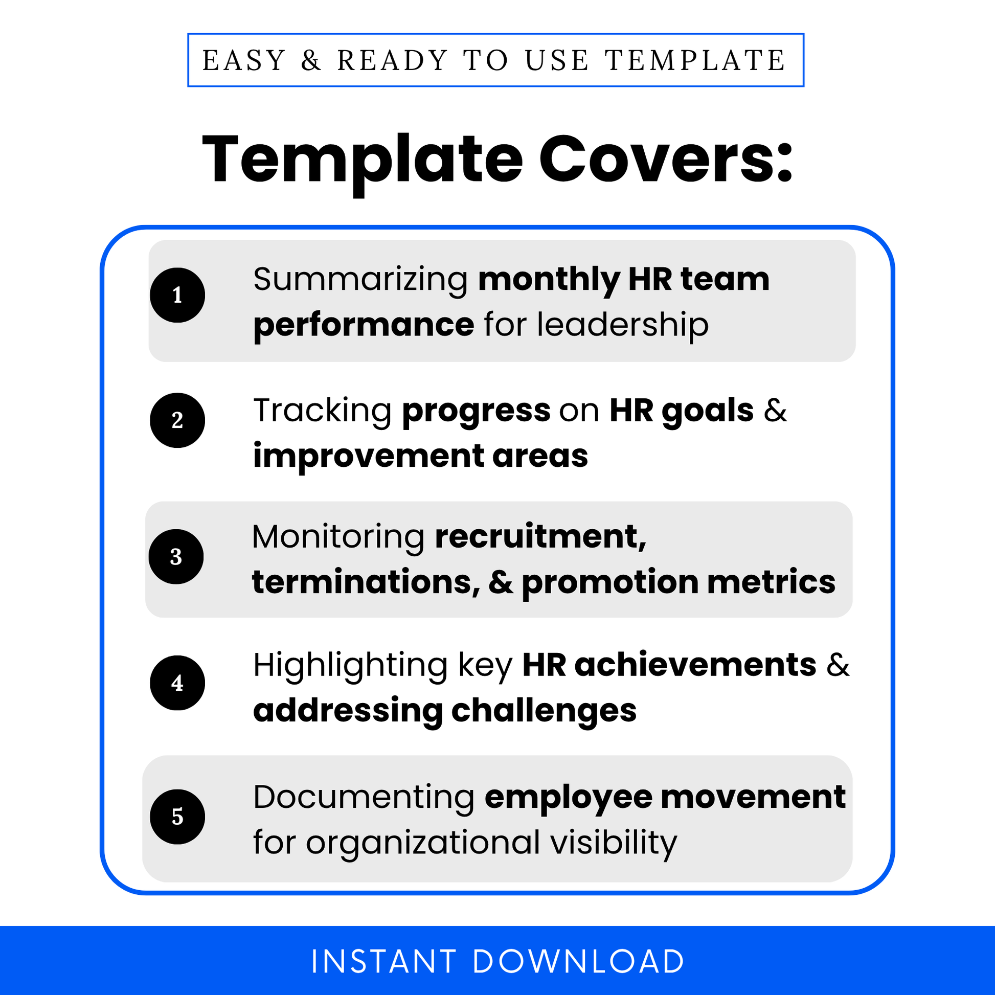 HR reporting template features overview showing monthly performance summary, HR goal tracking, recruitment metrics, employee movement tracking, and leadership reporting benefits