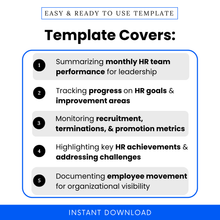 HR reporting template features overview showing monthly performance summary, HR goal tracking, recruitment metrics, employee movement tracking, and leadership reporting benefits