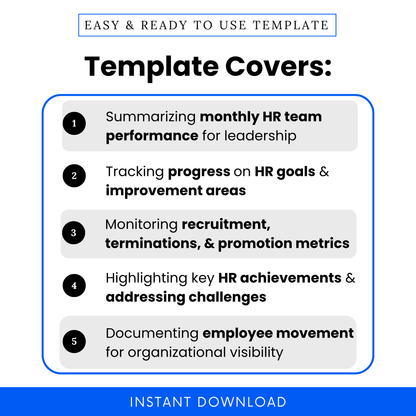 HR reporting template features overview showing monthly performance summary, HR goal tracking, recruitment metrics, employee movement tracking, and leadership reporting benefits
