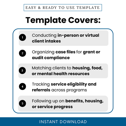 Nonprofit intake checklist template showing use cases including in-person or virtual client intake, case file organization for audits, resource matching, eligibility tracking, and follow-up tracking