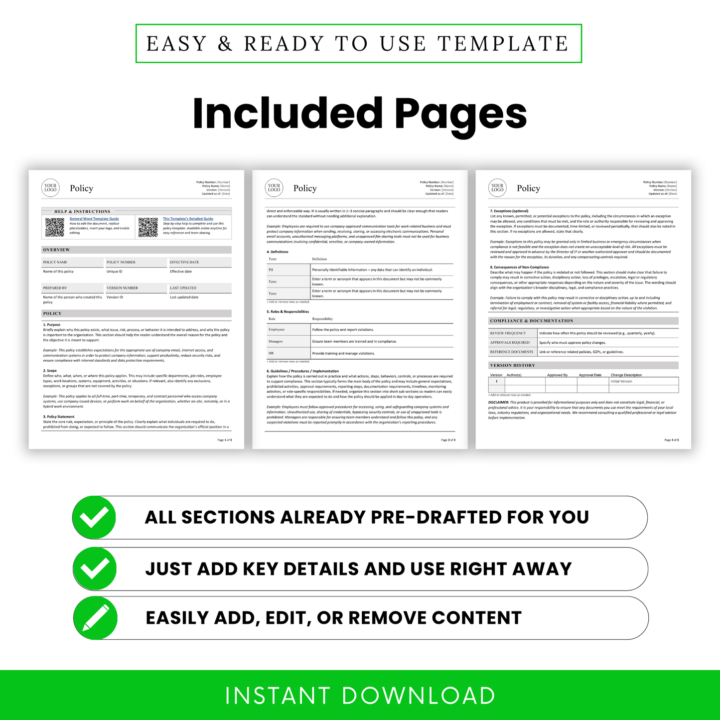 Simple policy template listing preview showing included pages in a 3-page editable business policy document, with pre-drafted sections for quick customization in Microsoft Word and printable PDF, ideal for workplace policies, SOPs, and internal compliance documents