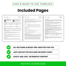 Simple policy template listing preview showing included pages in a 3-page editable business policy document, with pre-drafted sections for quick customization in Microsoft Word and printable PDF, ideal for workplace policies, SOPs, and internal compliance documents