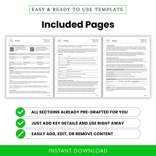 Simple policy template listing preview showing included pages in a 3-page editable business policy document, with pre-drafted sections for quick customization in Microsoft Word and printable PDF, ideal for workplace policies, SOPs, and internal compliance documents