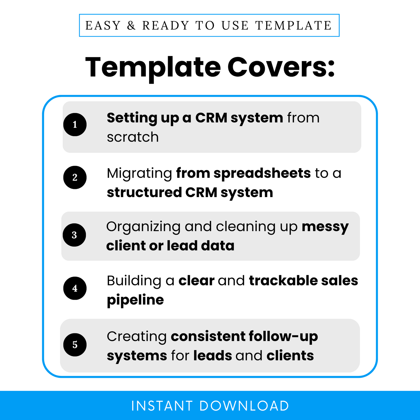 Simple CRM Setup Checklist Template highlighting key use cases like setting up a CRM from scratch and migrating from spreadsheets to a structured CRM system. This CRM Setup Template Word and PDF helps businesses organize client data, build sales pipelines, and create consistent follow-up systems.