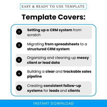 Simple CRM Setup Checklist Template highlighting key use cases like setting up a CRM from scratch and migrating from spreadsheets to a structured CRM system. This CRM Setup Template Word and PDF helps businesses organize client data, build sales pipelines, and create consistent follow-up systems.