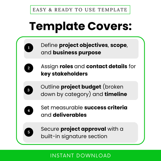 Highlights the project charter template’s capabilities including defining objectives, assigning roles, budgeting, setting deliverables, and securing approval with signatures.