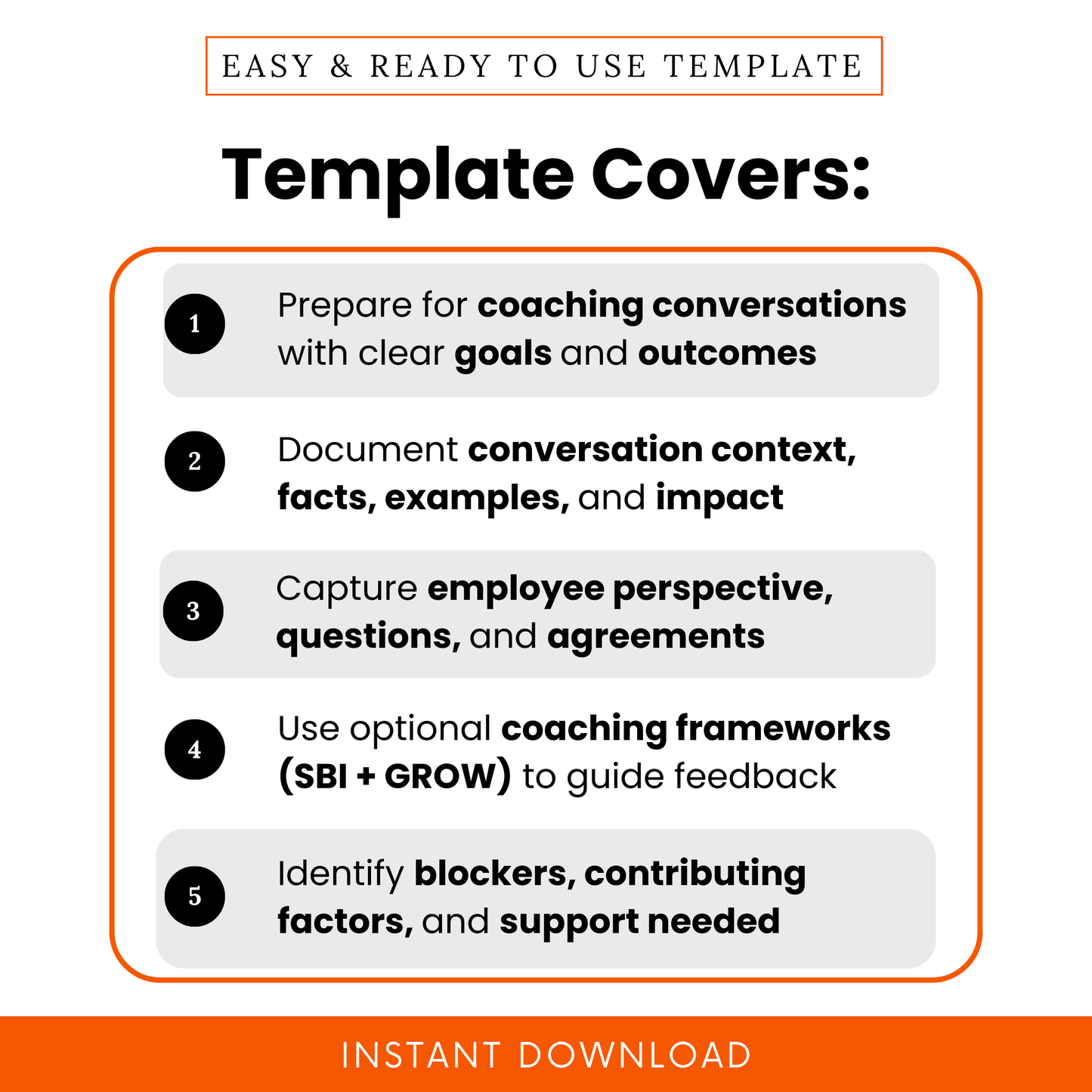 Employee coaching template features list showing goals and outcomes planning, conversation documentation, employee feedback tracking, coaching frameworks SBI GROW, performance improvement worksheet
