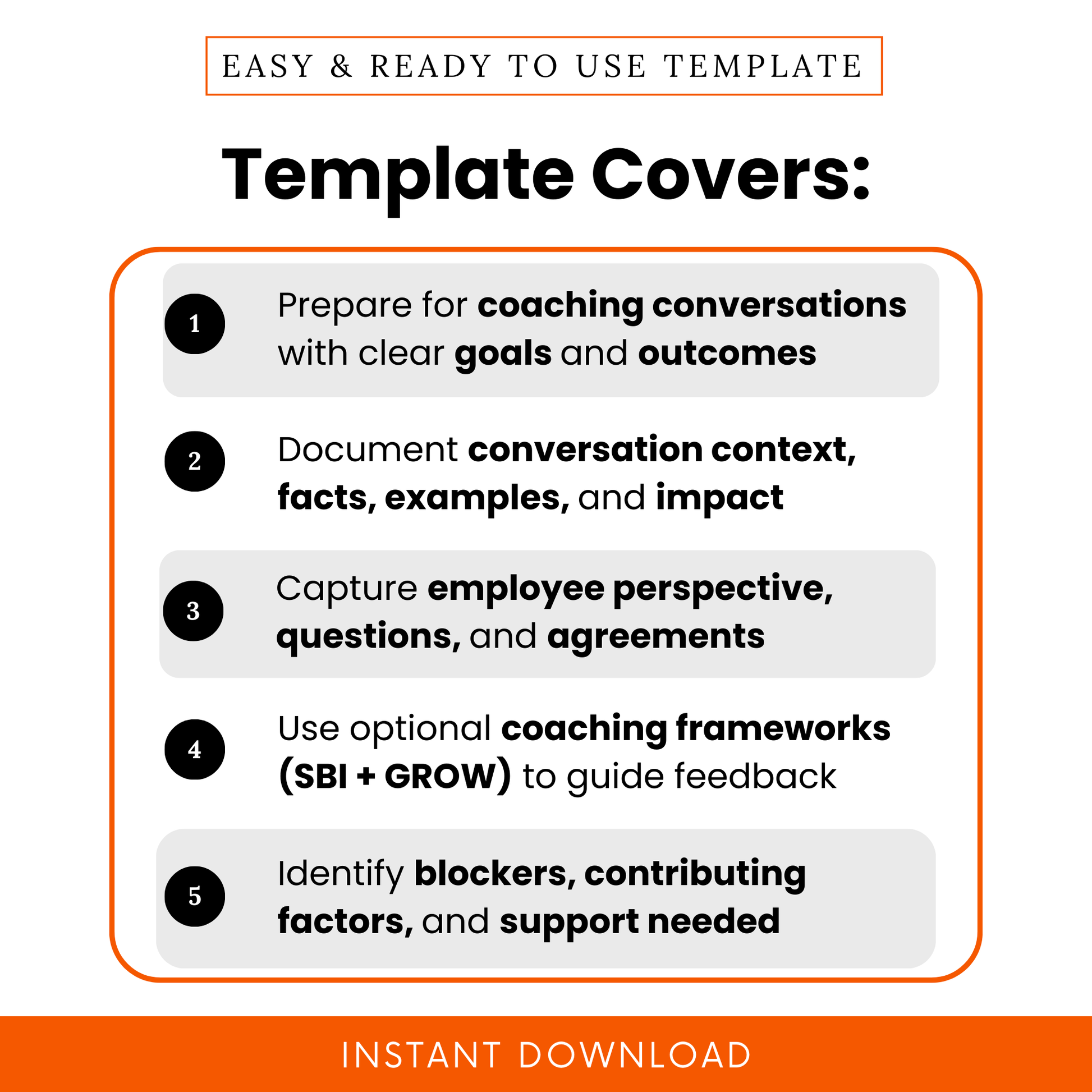 Employee coaching template features list showing goals and outcomes planning, conversation documentation, employee feedback tracking, coaching frameworks SBI GROW, performance improvement worksheet