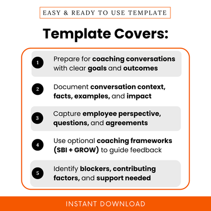 Employee coaching template features list showing goals and outcomes planning, conversation documentation, employee feedback tracking, coaching frameworks SBI GROW, performance improvement worksheet