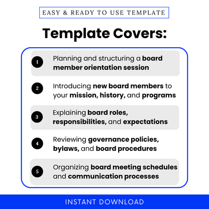 Nonprofit board orientation agenda template promotional image showing five key uses including planning a board member orientation session, introducing new board members to mission and programs, explaining board roles and responsibilities, reviewing governance policies and bylaws, and organizing board meeting communication processes