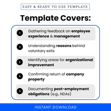 List of what the Exit Interview Form covers, including employee feedback, reasons for leaving, organizational improvements, property return, and post-employment obligations.