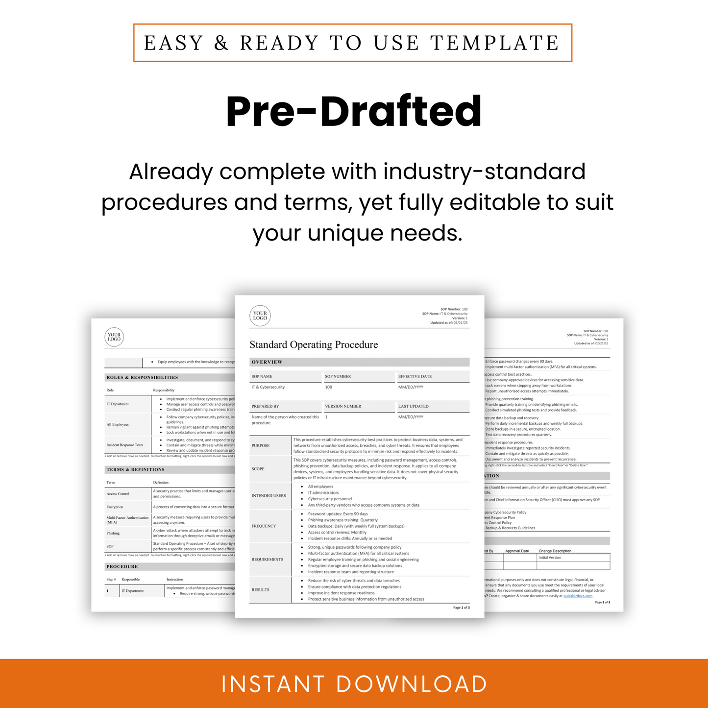 Preview of the pre-filled cybersecurity SOP pages, highlighting ready-to-use sections and customizable language for any organization