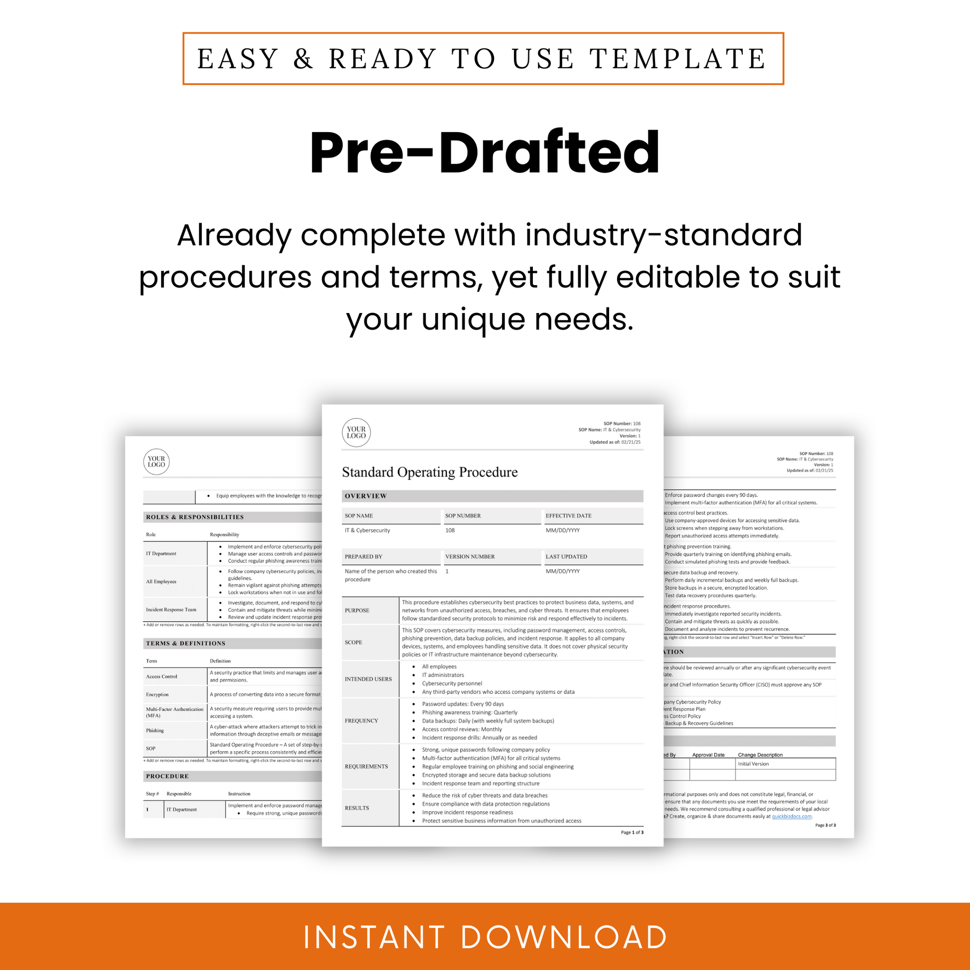 Preview of the pre-filled cybersecurity SOP pages, highlighting ready-to-use sections and customizable language for any organization