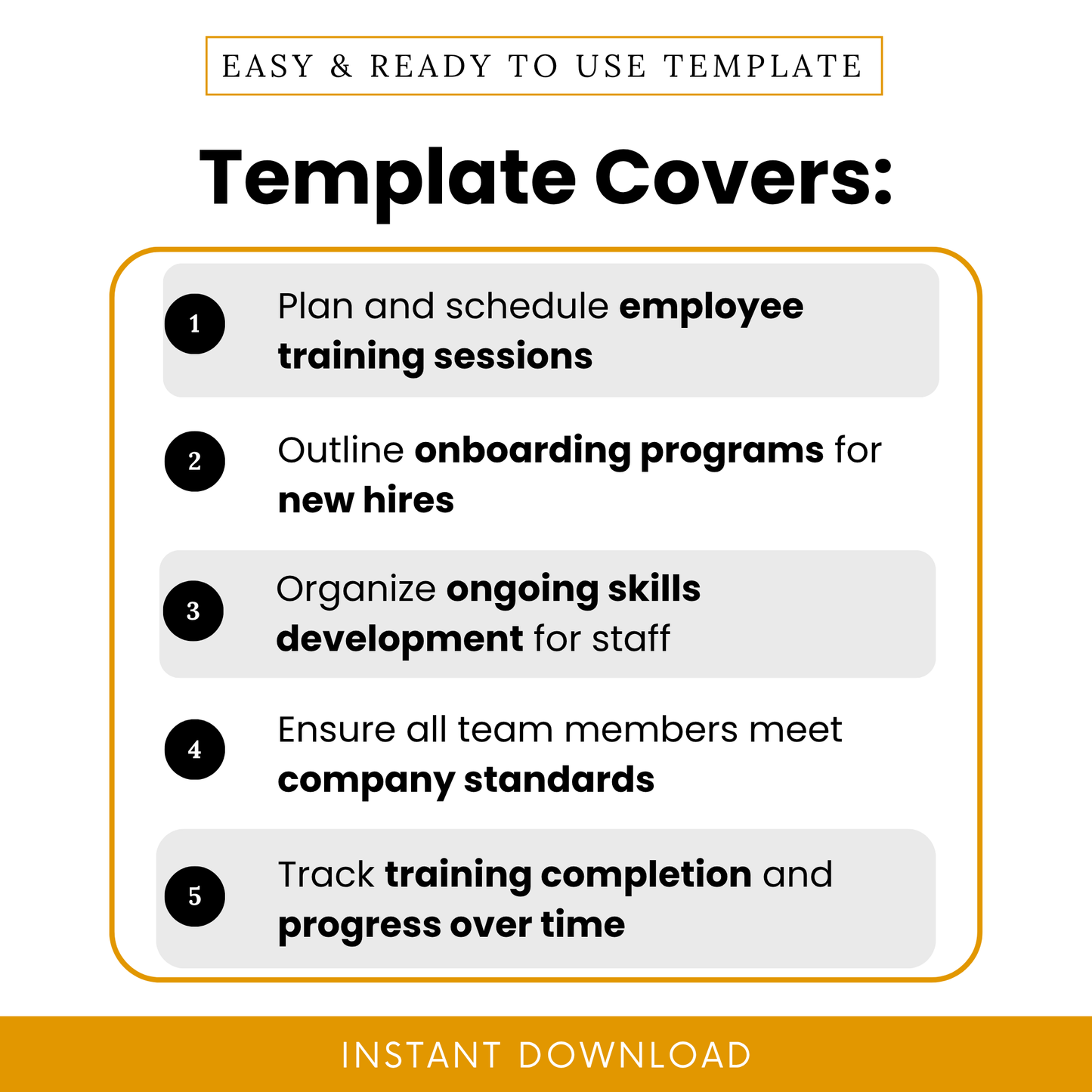 Infographic listing 5 key functions of the training plan template: plan sessions, onboarding for new hires, ongoing skills development, meeting standards, and tracking progress.