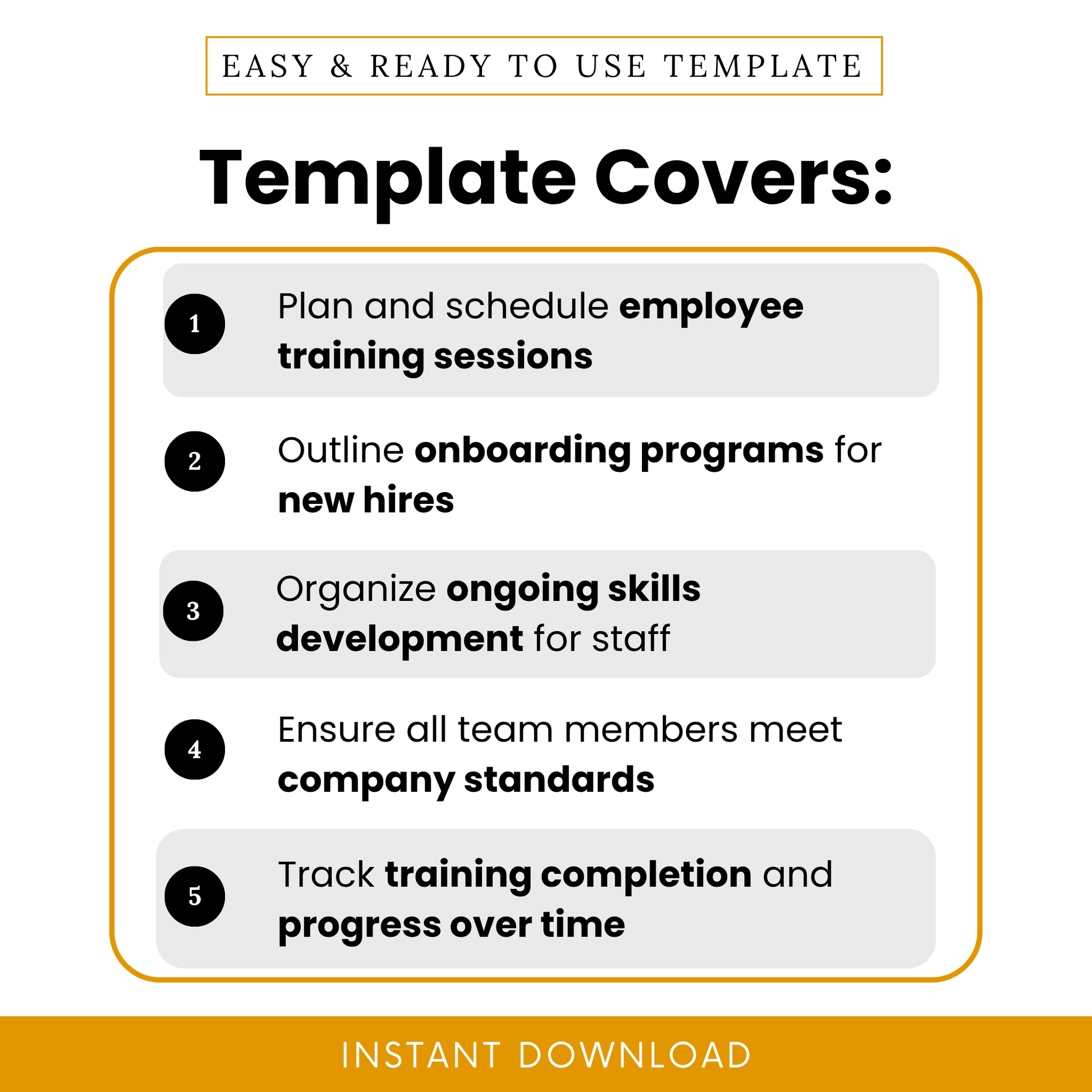Infographic listing 5 key functions of the training plan template: plan sessions, onboarding for new hires, ongoing skills development, meeting standards, and tracking progress.