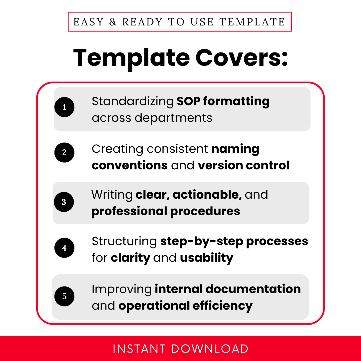 SOP template features list showing standardizing formatting, naming conventions, version control, step-by-step processes, and improving business documentation efficiency
