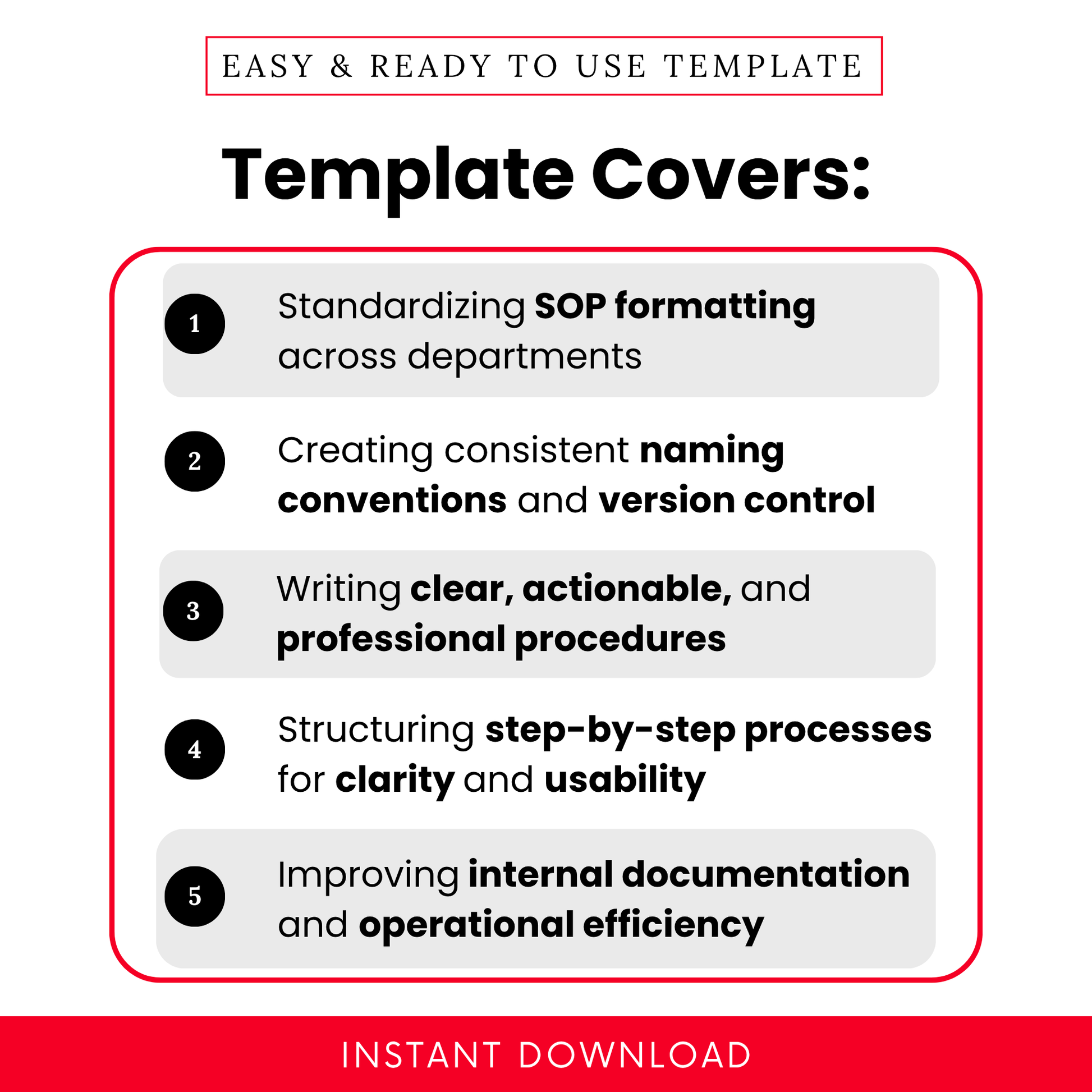 SOP template features list showing standardizing formatting, naming conventions, version control, step-by-step processes, and improving business documentation efficiency