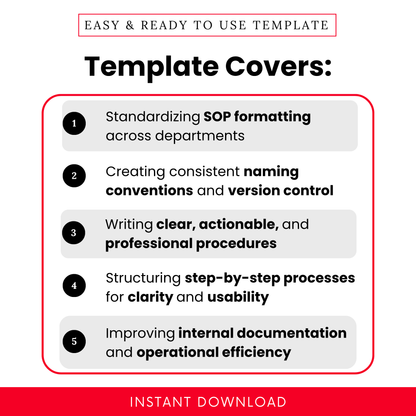 SOP template features list showing standardizing formatting, naming conventions, version control, step-by-step processes, and improving business documentation efficiency