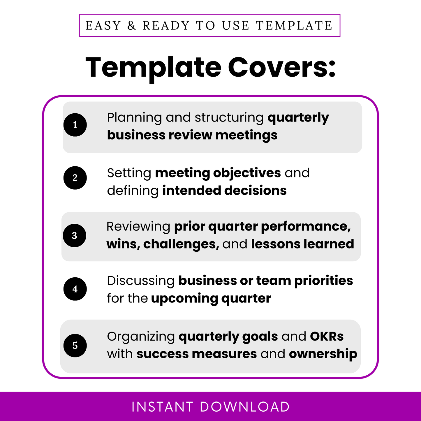 Quarterly planning agenda template highlights including business review planning, setting meeting objectives, reviewing performance, defining priorities, and organizing quarterly goals with OKRs and success metrics