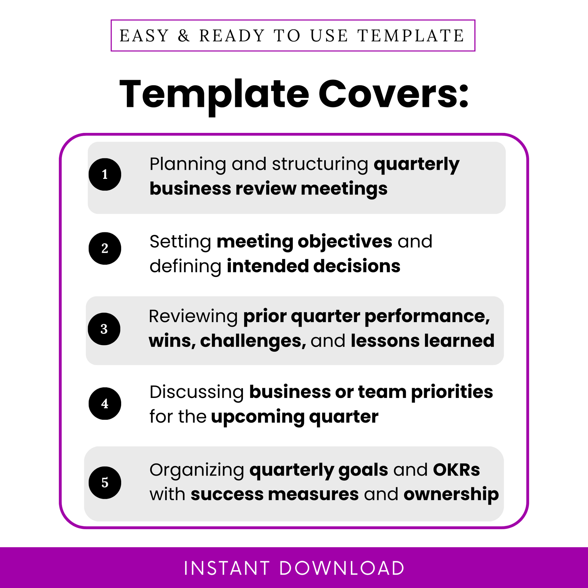 Quarterly planning agenda template highlights including business review planning, setting meeting objectives, reviewing performance, defining priorities, and organizing quarterly goals with OKRs and success metrics