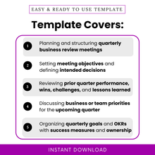 Quarterly planning agenda template highlights including business review planning, setting meeting objectives, reviewing performance, defining priorities, and organizing quarterly goals with OKRs and success metrics